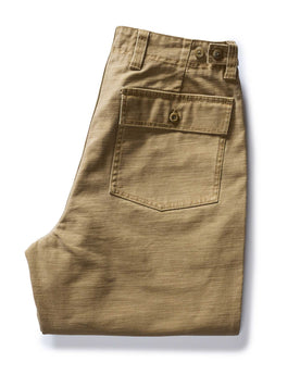 folded flatlay of the back of The Surplus Pant in Khaki Reverse Sateen, Bottoms by Taylor Stitch