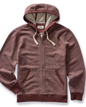 flatlay of The Apres Zip Hoodie in Merlot French Terry Twill, Knits by Taylor Stitch