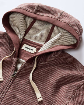 material shot of the hood on The Apres Zip Hoodie in Merlot French Terry Twill, Knits by Taylor Stitch
