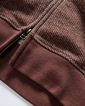 material shot of the zipper on The Apres Zip Hoodie in Merlot French Terry Twill, Knits by Taylor Stitch