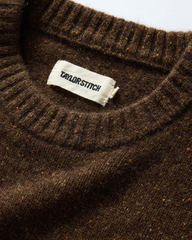 material shot of the collar on The Lodge Sweater in Timber Donegal, Knits by Taylor Stitch