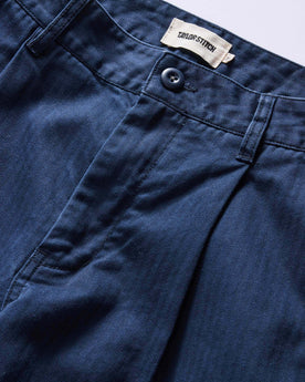material shot of the waistband on The Matlow Pant in Dark Navy Herringbone, Bottoms by Taylor Stitch