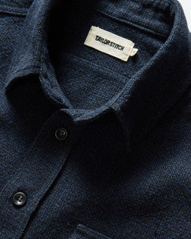 material shot of the collar on The Ledge Shirt in Dark Navy Linen Tweed, Wovens by Taylor Stitch