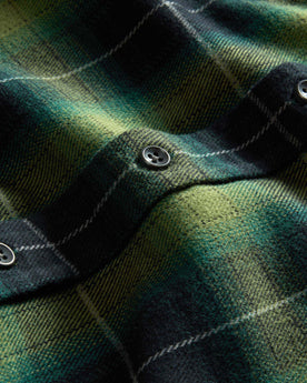 material shot of the buttons on The Yosemite Shirt in Twilight Plaid, Wovens by Taylor Stitch