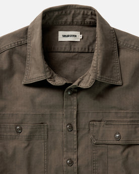 material shot of the collar on The Field Overshirt in Mushroom Ripstop, Wovens by Taylor Stitch