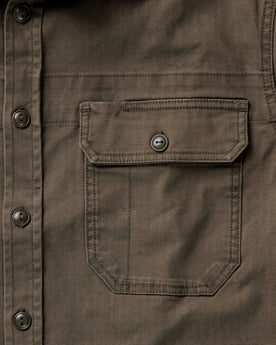 material shot of the pocket on The Field Overshirt in Mushroom Ripstop, Wovens by Taylor Stitch