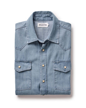 folded flatlay of The Glacier Shirt in Washed Indigo Denim, Wovens by Taylor Stitch