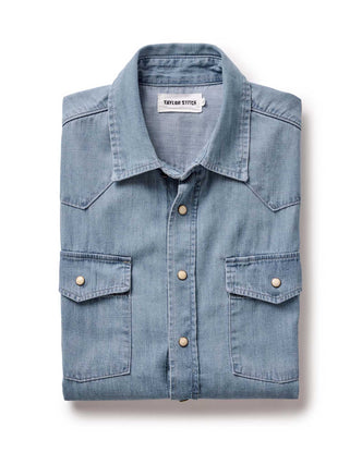 folded flatlay of The Glacier Shirt in Washed Indigo Denim