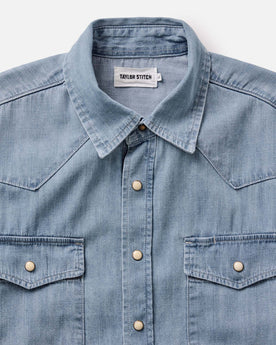 material shot of the collar on The Glacier Shirt in Washed Indigo Denim, Wovens by Taylor Stitch
