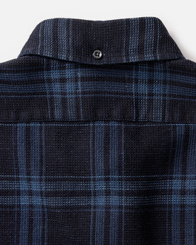 material shot of the back collar on The Jack in Deep Indigo Plaid Waffle, Wovens by Taylor Stitch