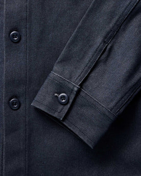 material shot of the sleeve on The Shop Shirt in Navy Chipped Canvas, Wovens by Taylor Stitch