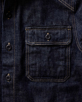 material shot of the pockets on The Shop Shirt in Rinsed Indigo Selvedge, Wovens by Taylor Stitch