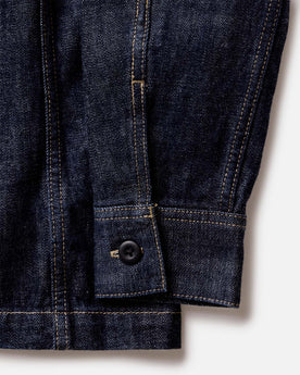 material shot of the cuff on The Shop Shirt in Rinsed Indigo Selvedge, Wovens by Taylor Stitch