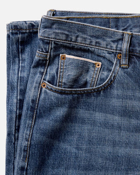 material shot of the pockets on The Straight Jean in Mid Wash Organic Selvedge, Bottoms by Taylor Stitch