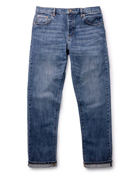 flatlay of The Straight Jean in Mid Wash Organic Selvedge, Bottoms by Taylor Stitch