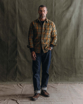 fit model posing in The Straight Jean in Rigid Organic Selvedge, Bottoms by Taylor Stitch