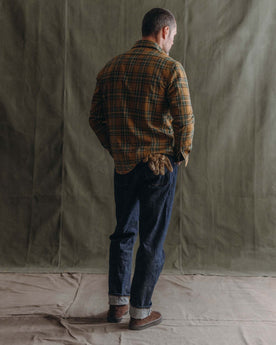 fit model walking wearing The Straight Jean in Rigid Organic Selvedge, Bottoms by Taylor Stitch
