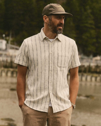 fit model posing in The Short Sleeve California in Tide Stripe Hacci