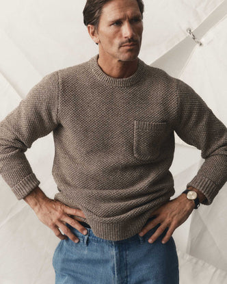 fit model showing off The Crawford Crew Sweater in Coffee Twist