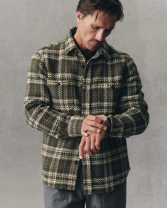 fit model posing in The Cutter Overshirt in Buzzard Check