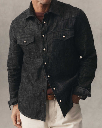 fit model showing off The Glacier Shirt in Black Indigo Hemp Denim