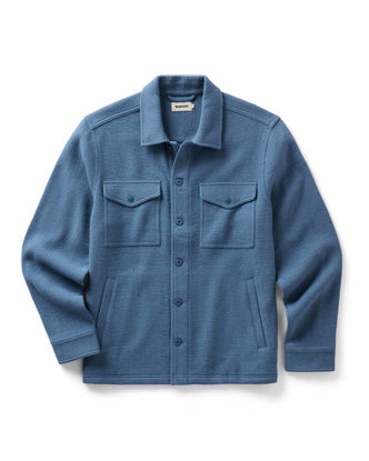 flatlay of The Kenne Shirt Jacket in Blue Fog Cotton Wool Crepe