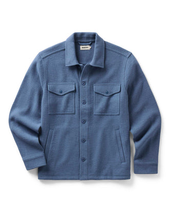 flatlay of The Kenne Shirt Jacket in Blue Fog Cotton Wool Crepe