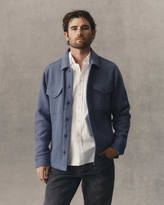 fit model showing off The Kenne Shirt Jacket in Blue Fog Cotton Wool Crepe