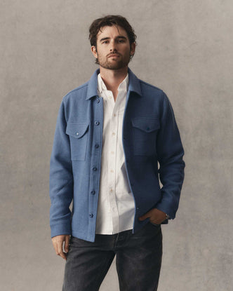 fit model showing off The Kenne Shirt Jacket in Blue Fog Cotton Wool Crepe