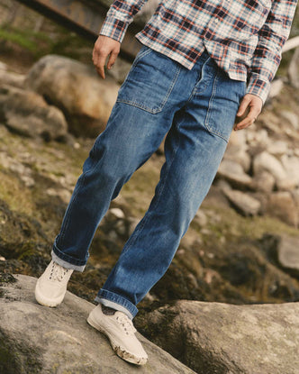fit model walking wearing The Mariner Jean in Drift Wash Organic Selvedge