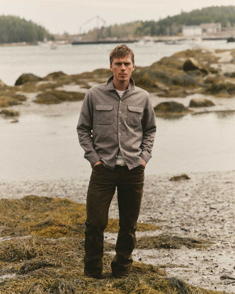 fit model posing in The Shore Shirt in Driftwood Portuguese Mouline Flannel