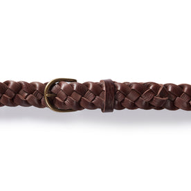 material shot of the belt buckle and loop on The Braided Belt in Dark Brown