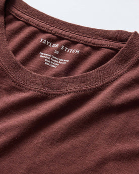 material shot of the neck opening on The Cotton Hemp Long Sleeve Tee in Burgundy, Knits by Taylor Stitch