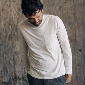 fit model showing the front of The Cotton Hemp Long Sleeve Tee in Heathered Oat