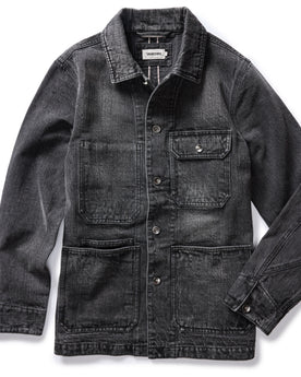 flatlay of The Fremont Jacket in Black 3-Month Wash Selvage Denim, Outerwear by Taylor Stitch