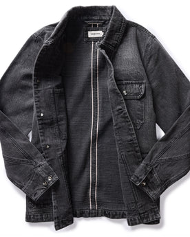flatlay of The Fremont Jacket in Black 3-Month Wash Selvage Denim, shown open, Outerwear by Taylor Stitch
