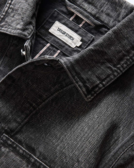 material shot of the collar on The Fremont Jacket in Black 3-Month Wash Selvage Denim, Outerwear by Taylor Stitch