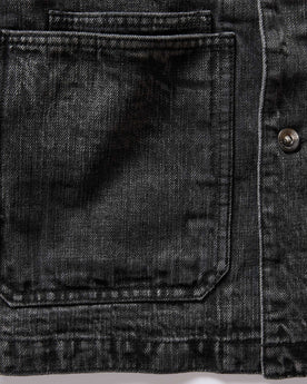 material shot of the front pockets on The Fremont Jacket in Black 3-Month Wash Selvage Denim, Outerwear by Taylor Stitch
