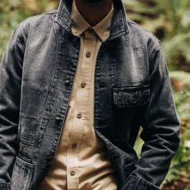 fit model showing the front of The Fremont Jacket in Black 3-Month Wash Selvage Denim