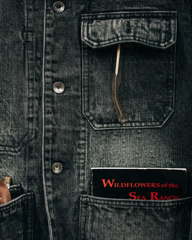 close up of all the pockets on The Fremont Jacket in Black 3-Month Wash Selvage Denim, Outerwear by Taylor Stitch
