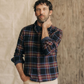 fit model wearing The Ledge Shirt in Dark Navy Plaid