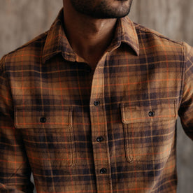 fit model showing the front of The Ledge Shirt in Tarnished Brass Plaid