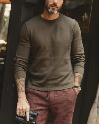 fit model in The Organic Cotton Waffle Crew in Fatigue Olive