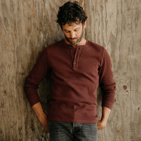 fit model in The Organic Cotton Waffle Henley in Burgundy