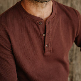 fit model showing the front placket on The Organic Cotton Waffle Henley in Burgundy
