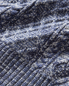 material shot of the cable knit on The Orr Beanie in Marled Indigo, Accessories by Taylor Stitch