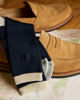 The Ribbed Sock in Navy on a loafer, Accessories by Taylor Stitch