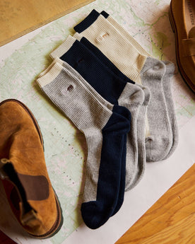 Grouping of The Ribbed Sock in Navy, Natural, and Grey, Accessories by Taylor Stitch