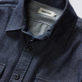 material shot of the collar on The Saddler Shirt in Dark Navy Twill