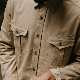 fit model showing the front of The Saddler Shirt in Light Khaki Twill